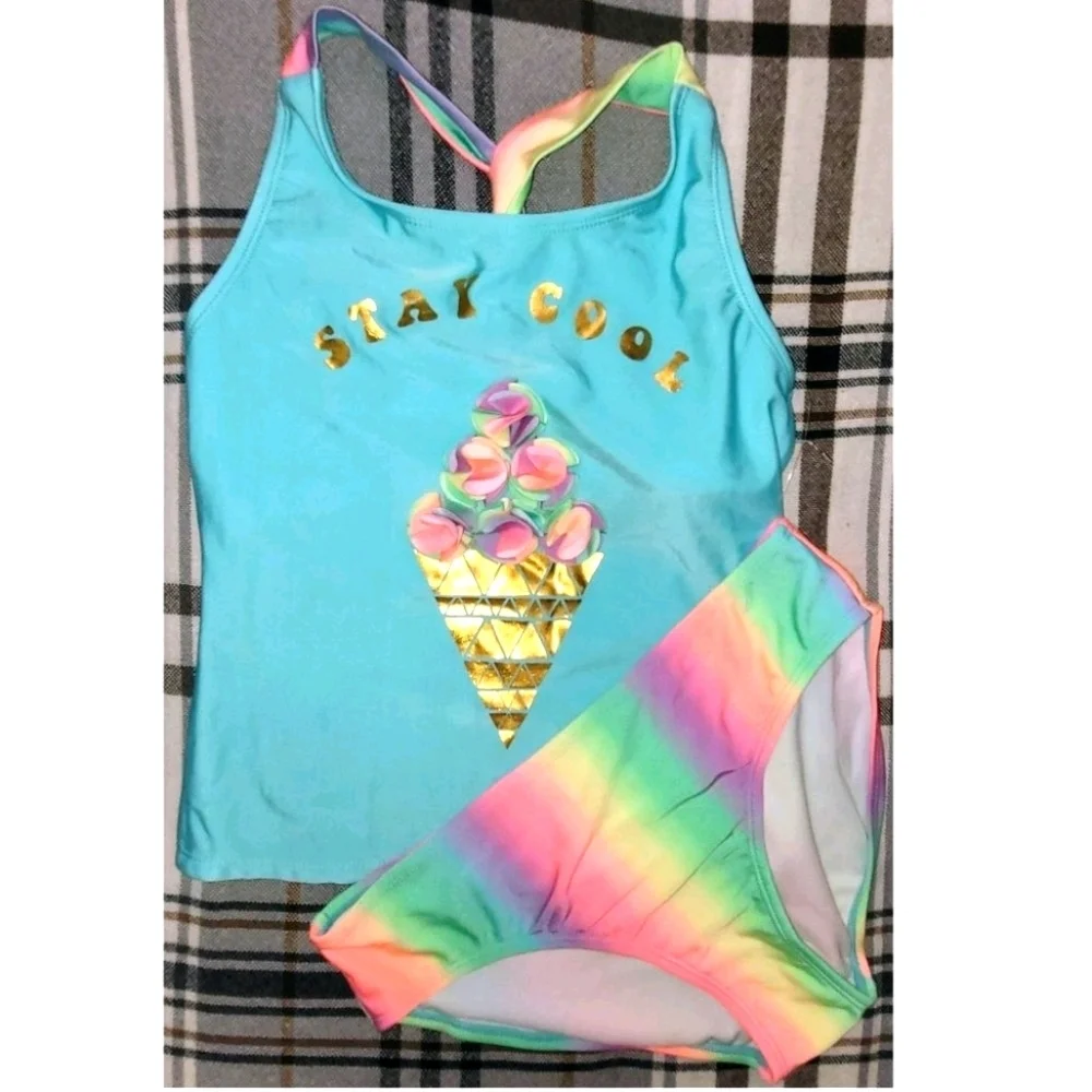 Girls Swim Suit, 2-piece Icy Cone Aqua Tankini Set, L Plus